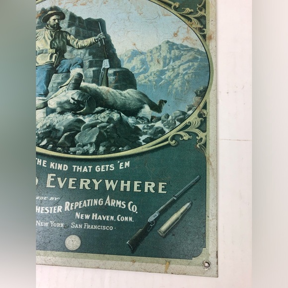 Winchester Big Game Rifles Ammo Hunter with Ram USA Collectible Tin Metal Sign - Picture 3 of 11
